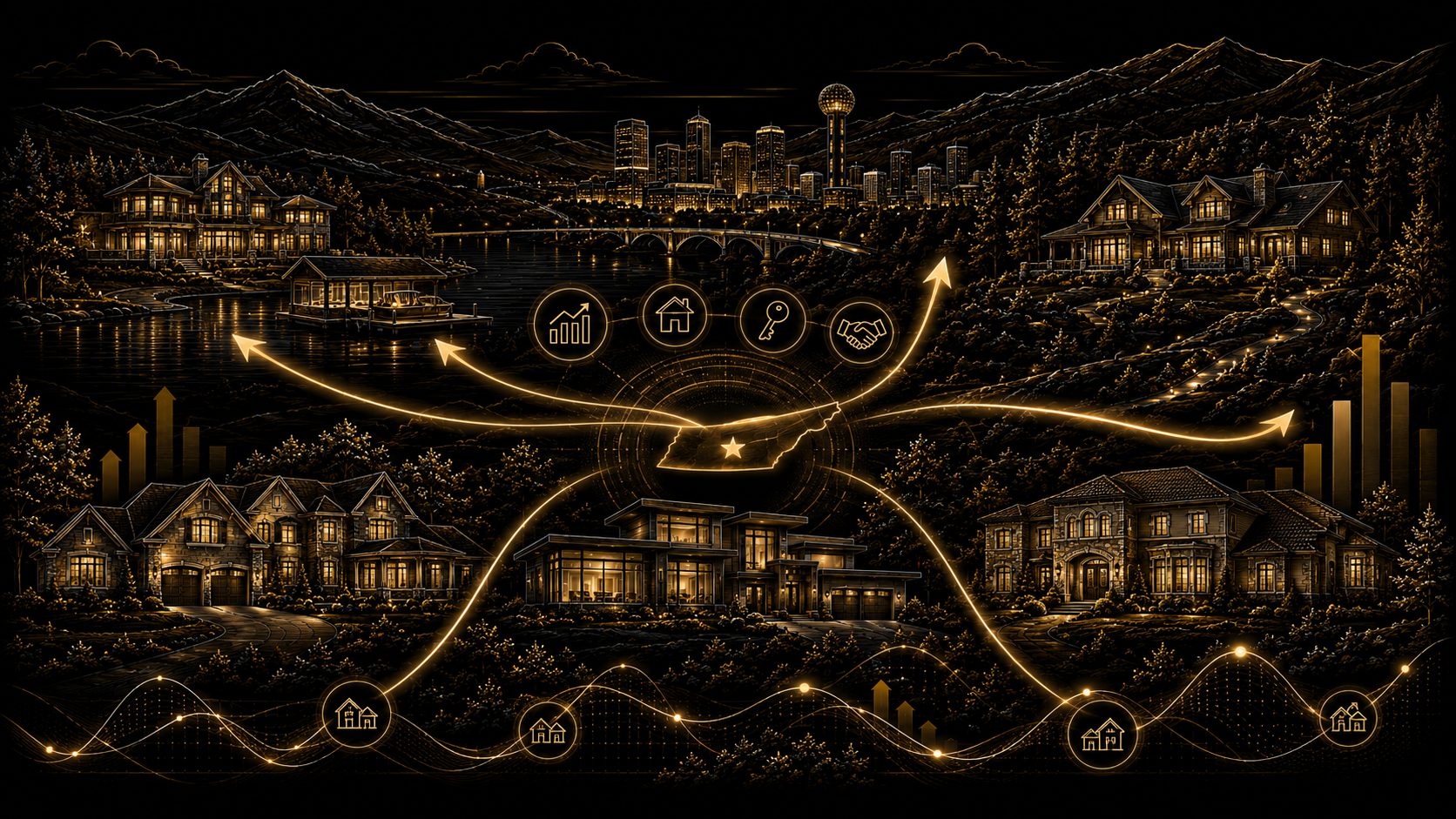 Graphical East Tennessee luxury real estate market scene with homes, local skyline, demand arrows, and pricing guidance