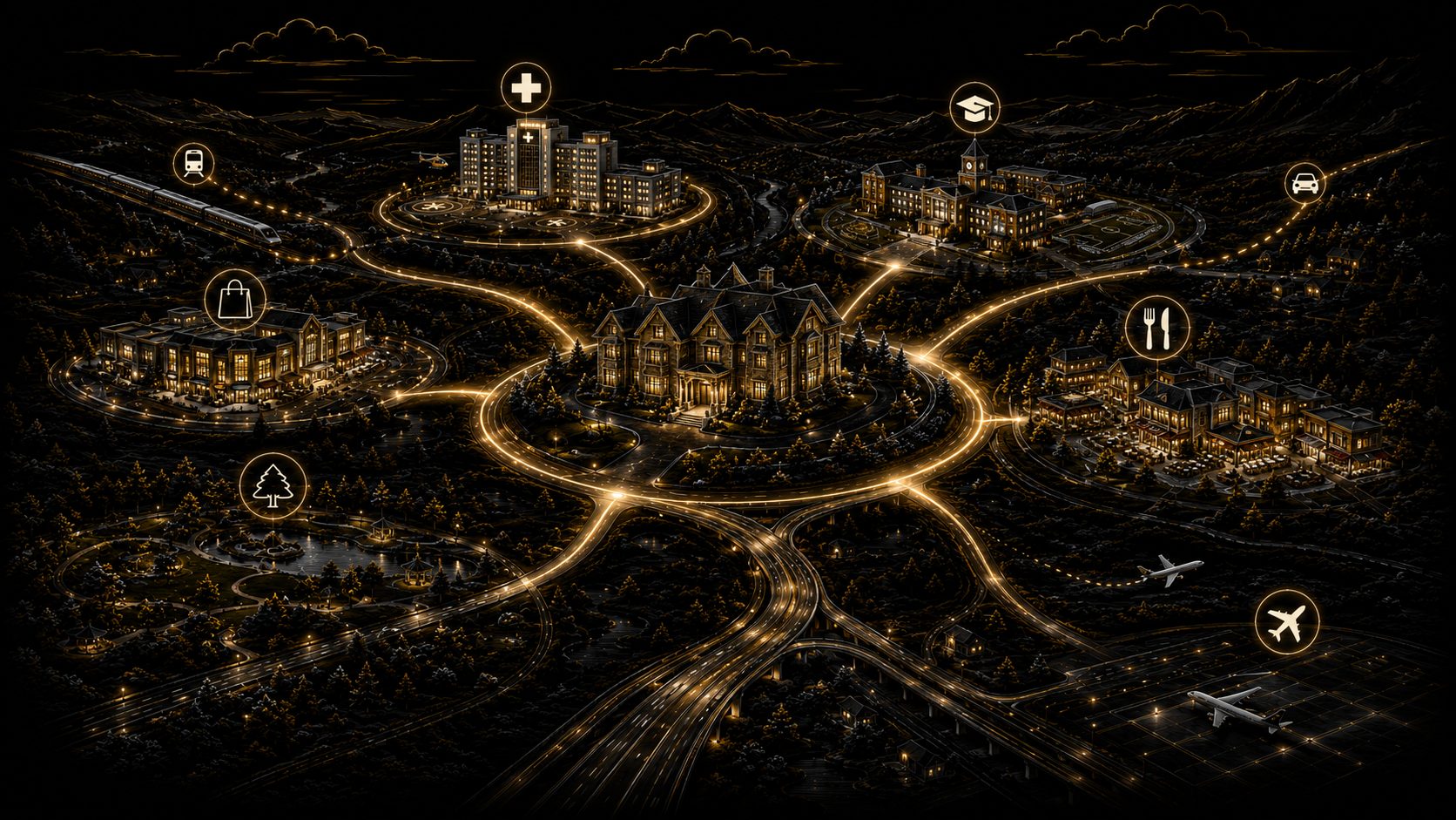 Graphical East Tennessee luxury relocation scene showing daily living access to schools, medical care, dining, shopping, recreation, and travel routes