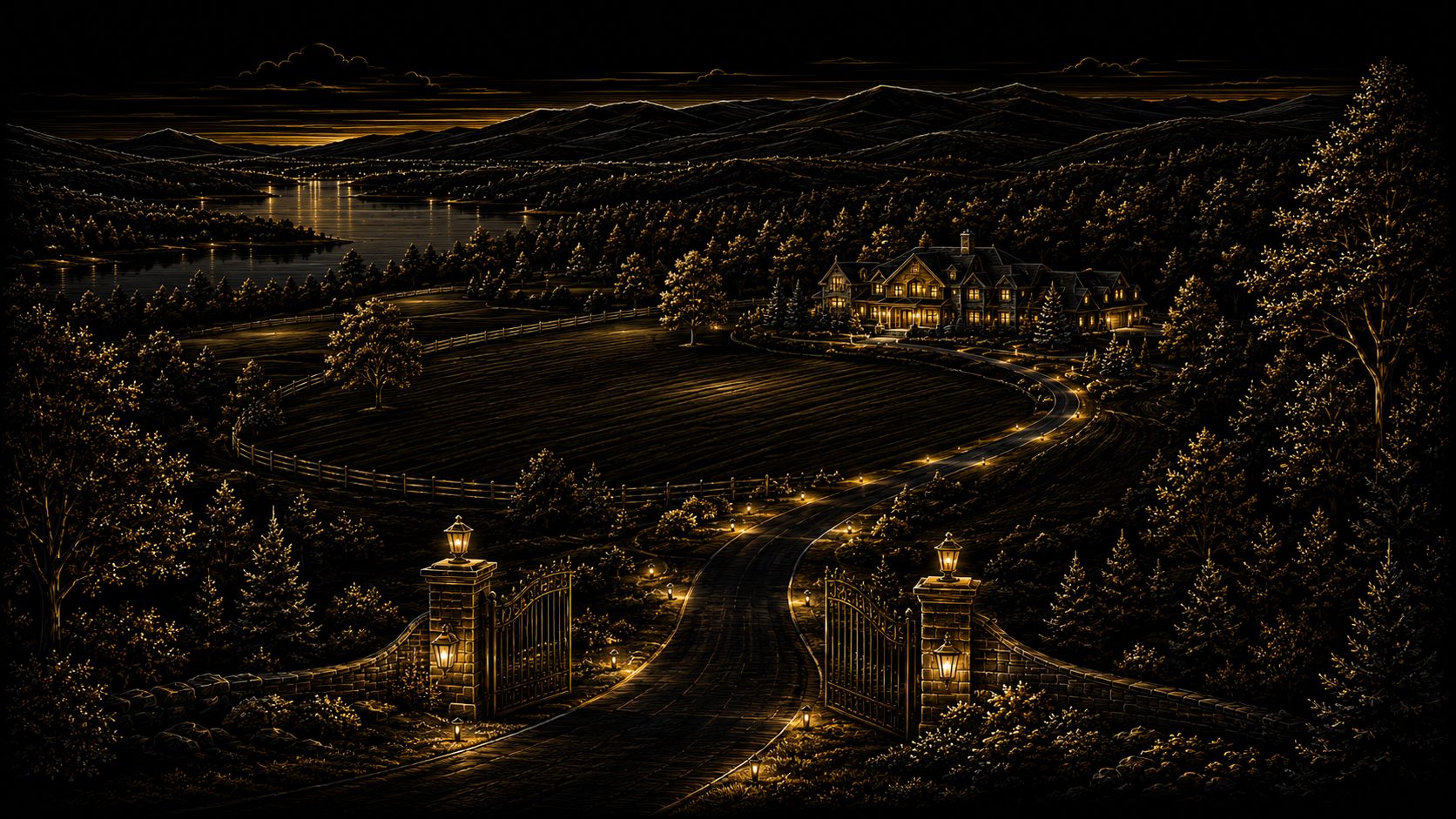 Graphical East Tennessee luxury estate with private acreage, gated driveway, forested setting, lake, and mountain views