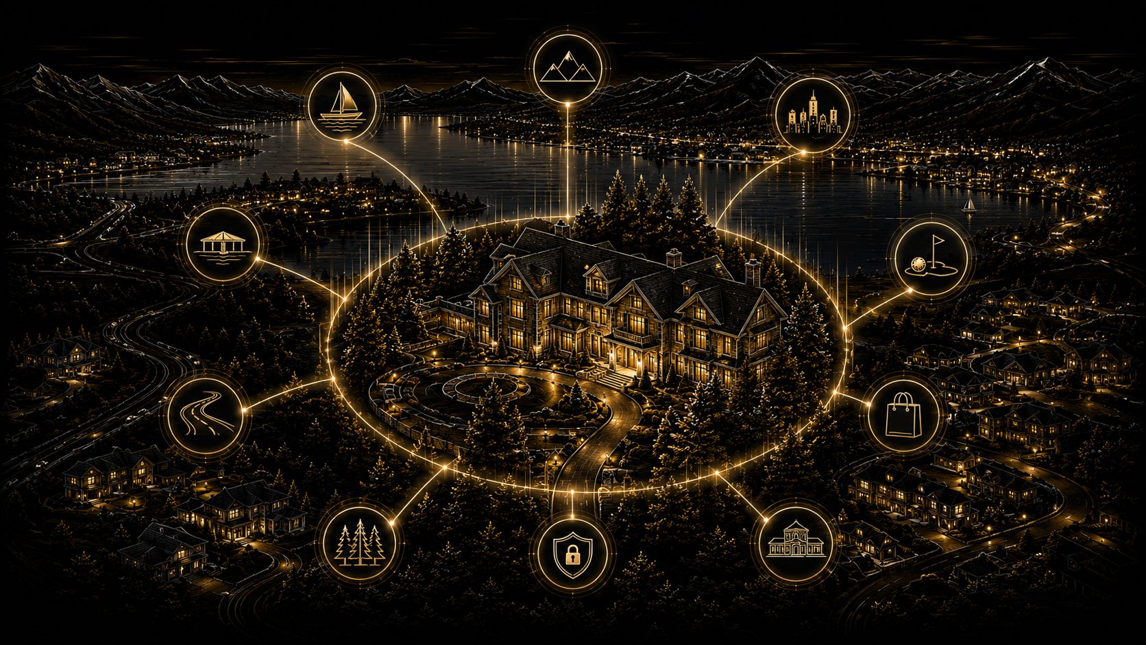 Graphical East Tennessee luxury seller positioning scene with estate, buyer paths, market signals, and regional exposure