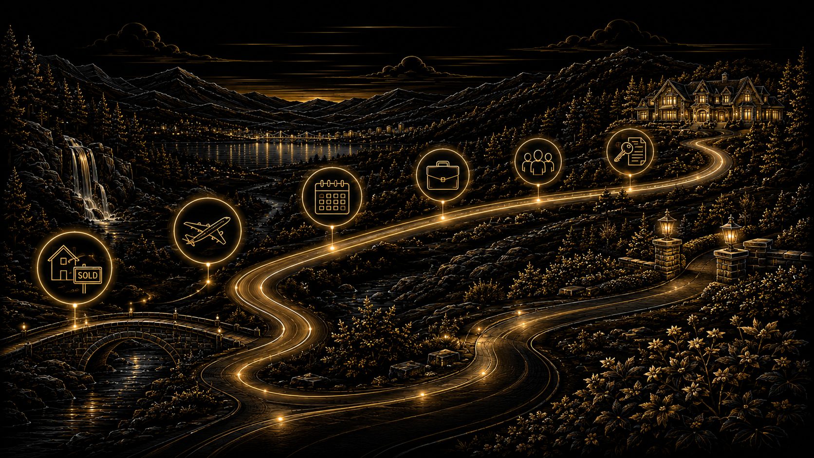 Graphical luxury relocation timing pathway with home sale, travel, calendar, work, family, documents, and East Tennessee estate arrival