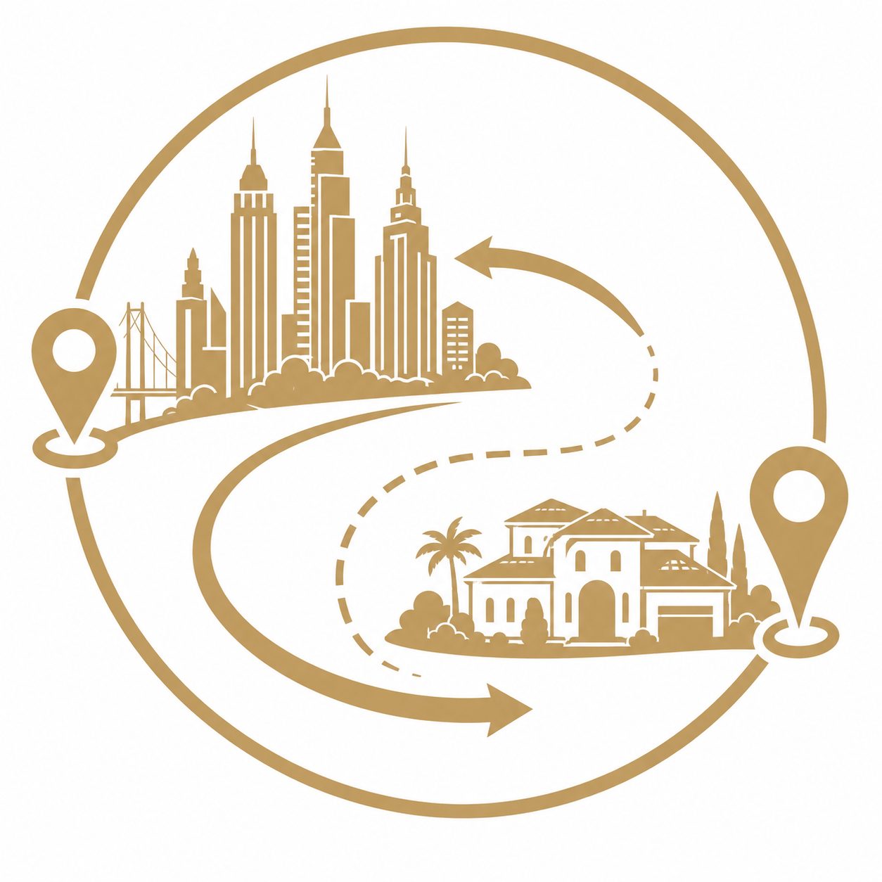 Cross-market luxury relocation guidance icon with city, home, arrows, and location pins
