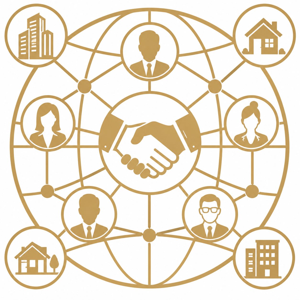 Professional luxury real estate referral network icon with handshake, agent profiles, homes, and global connections