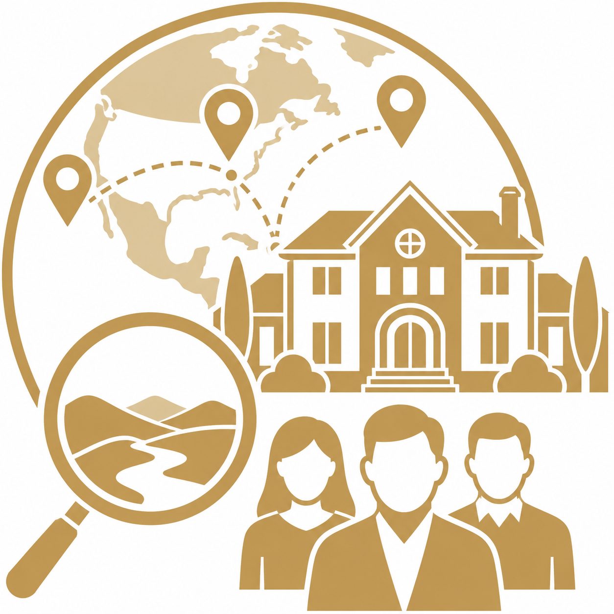 Relocating buyer awareness icon with luxury home, buyer group, map pins, and property search symbol