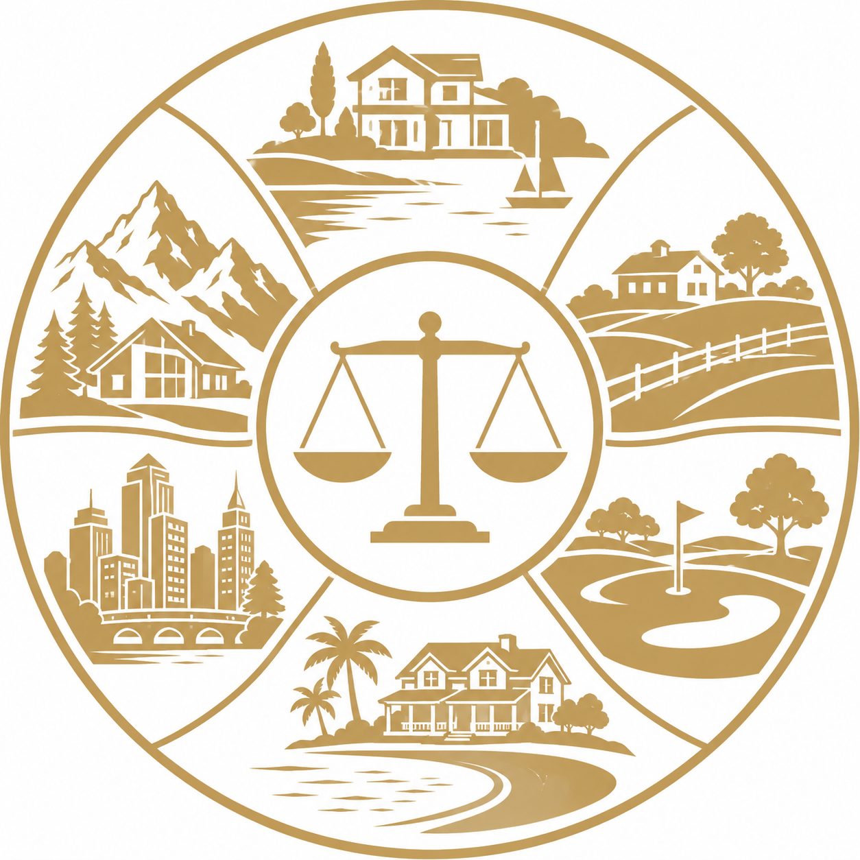 Lifestyle market comparison icon with lakefront, mountain, downtown, acreage, golf, and luxury home settings