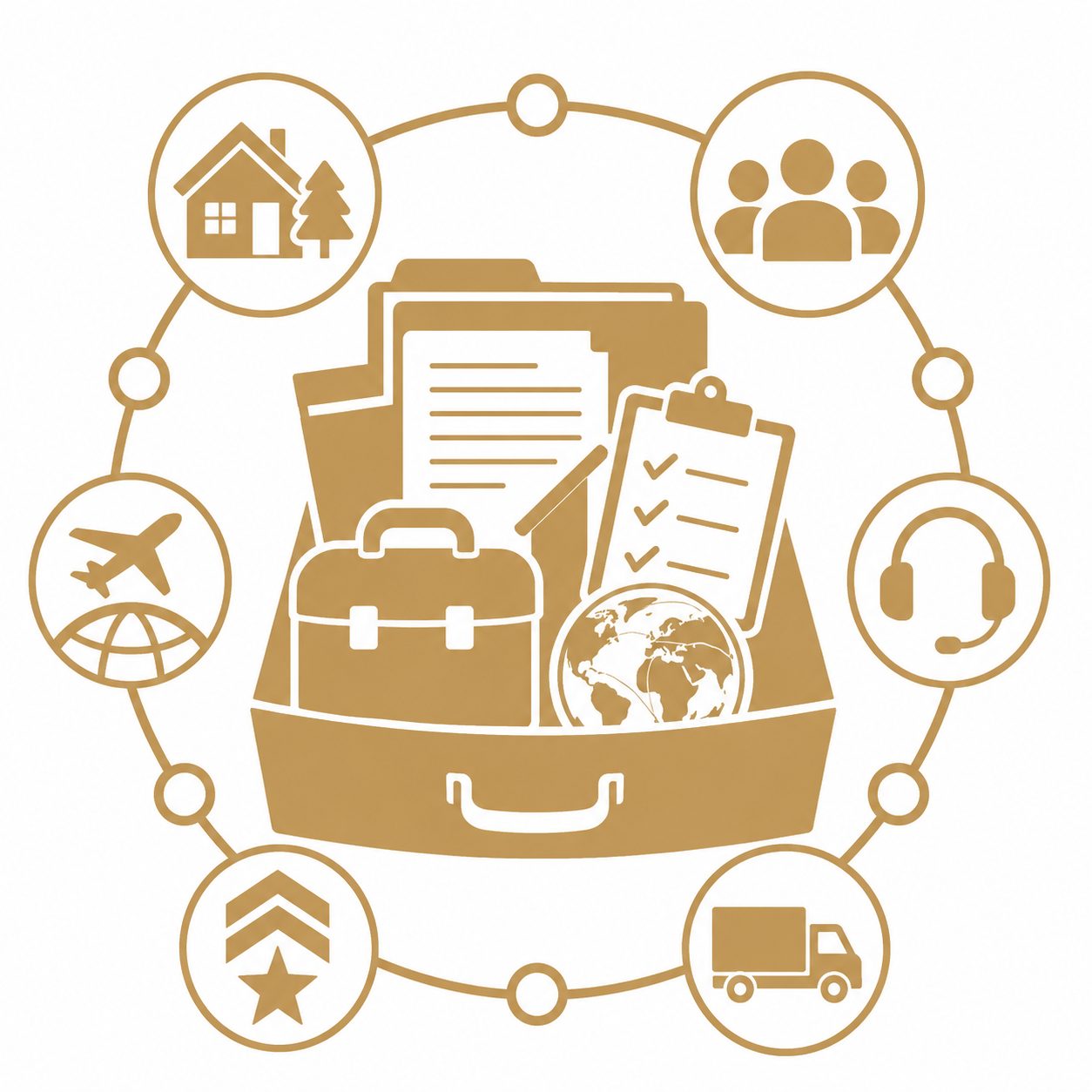 Relocation resource awareness icon with documents, checklist, suitcase, globe, airplane, moving truck, and home services
