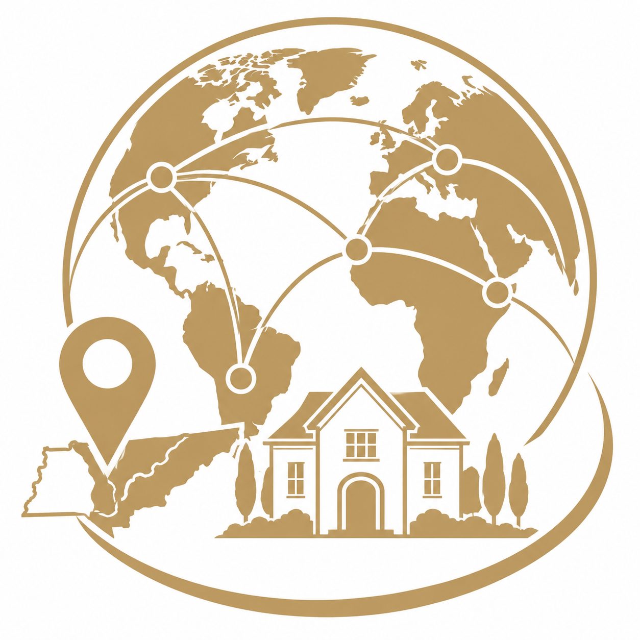 Local-to-global luxury real estate positioning icon with globe, home, network lines, and location marker