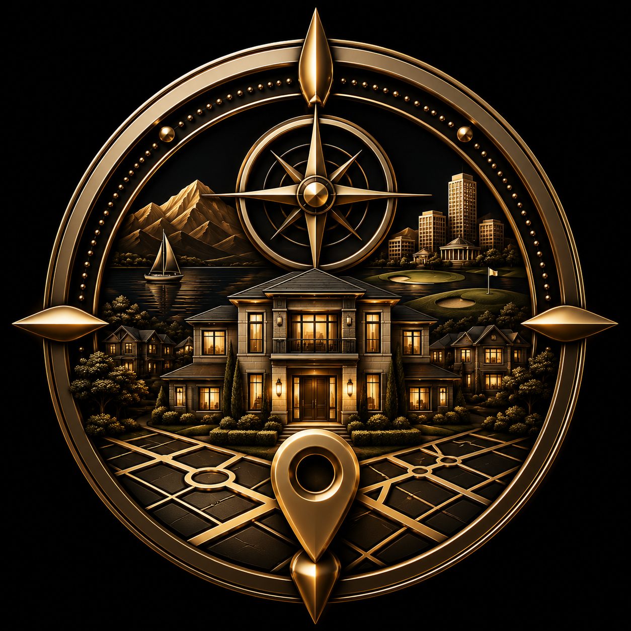 Community fit icon with East Tennessee luxury home, location pin, lake, mountains, golf, and downtown lifestyle cues