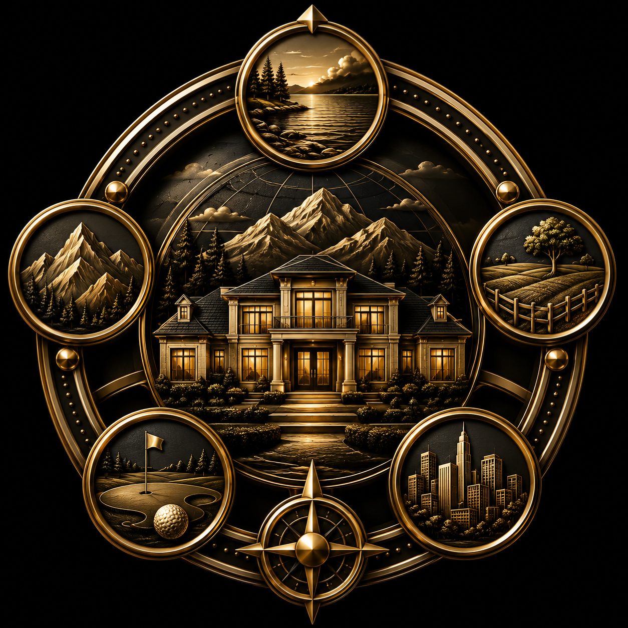 Property type guidance icon with luxury estate, lakefront, mountain, acreage, golf, and downtown home settings