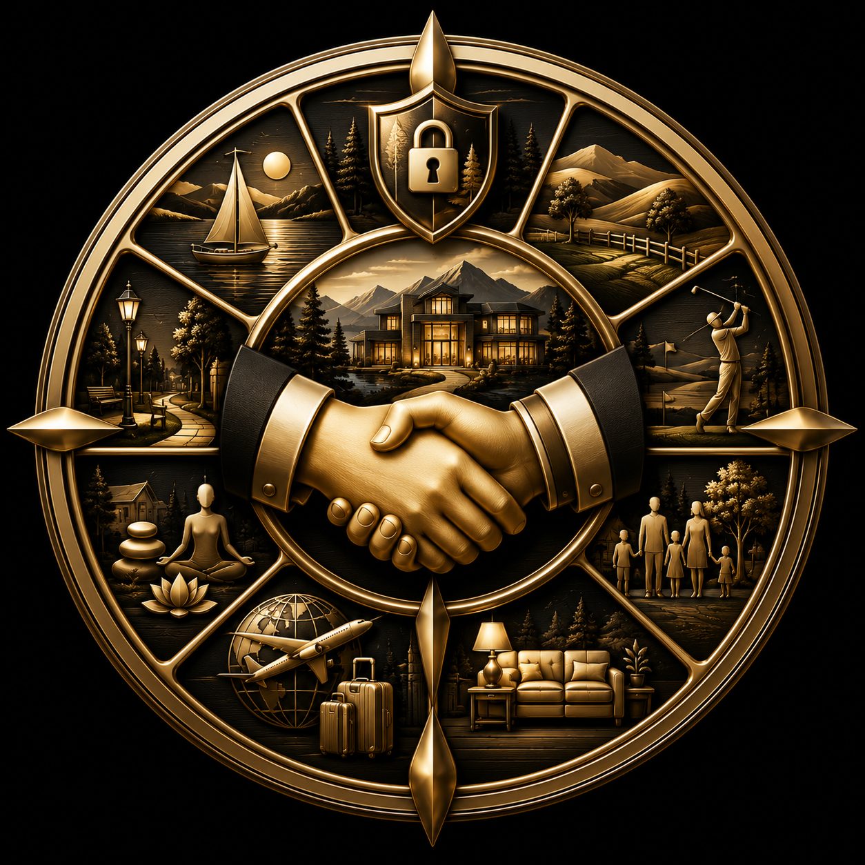 Lifestyle priorities icon with luxury home, privacy shield, lake, mountains, golf, family, wellness, and travel symbols