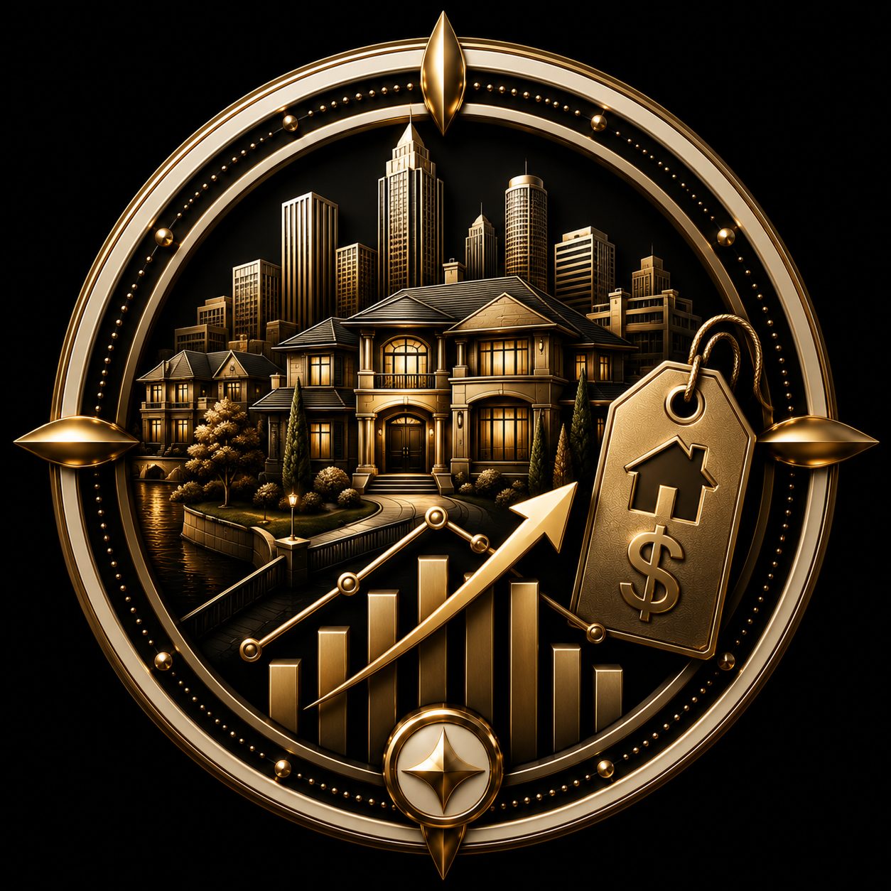 Local market expectations icon with East Tennessee luxury home, skyline, pricing tag, market chart, and growth arrow