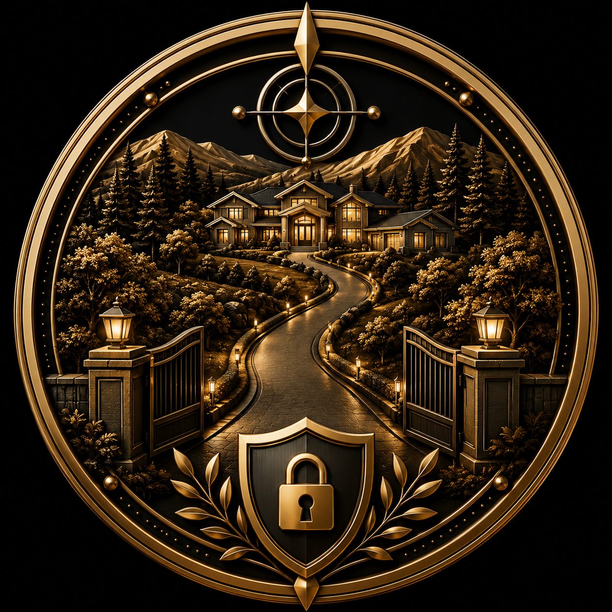 Privacy and setting icon with gated East Tennessee luxury estate, wooded acreage, mountain views, shield, and lock