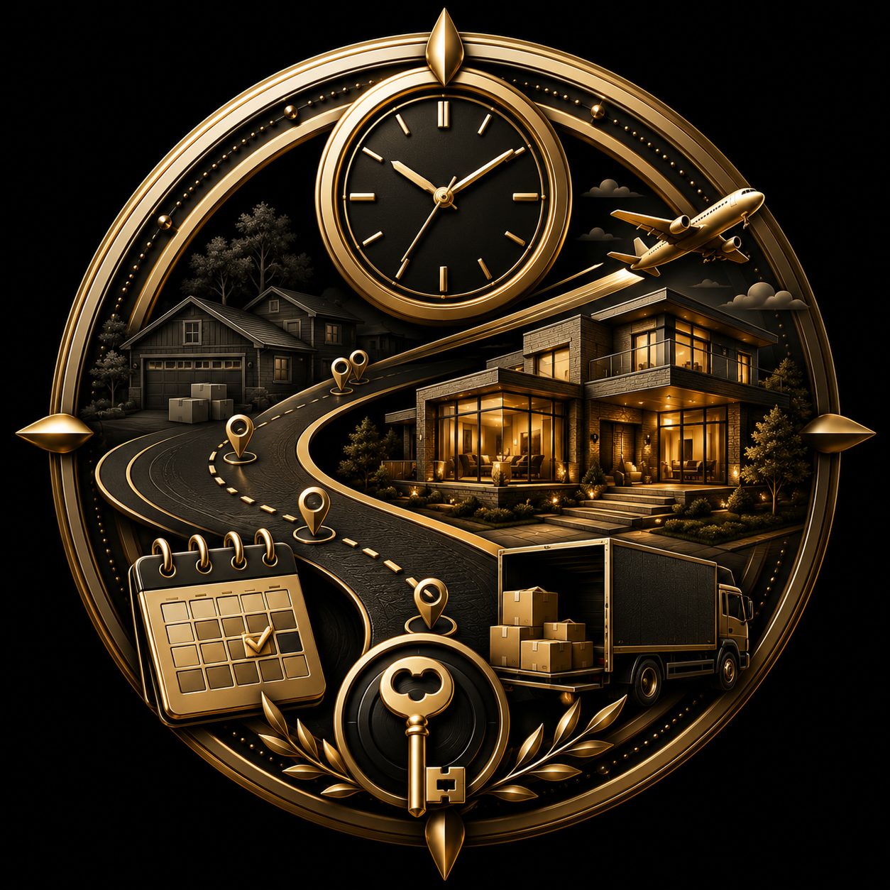 Timing and transition icon with clock, airplane, calendar, moving truck, key, home sale, route, and luxury estate