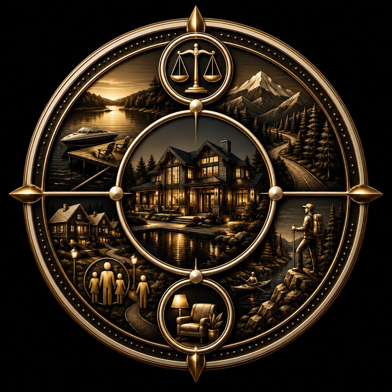 Lifestyle market comparison icon with East Tennessee luxury estate, lake, mountains, community, recreation, comfort, and balance scales