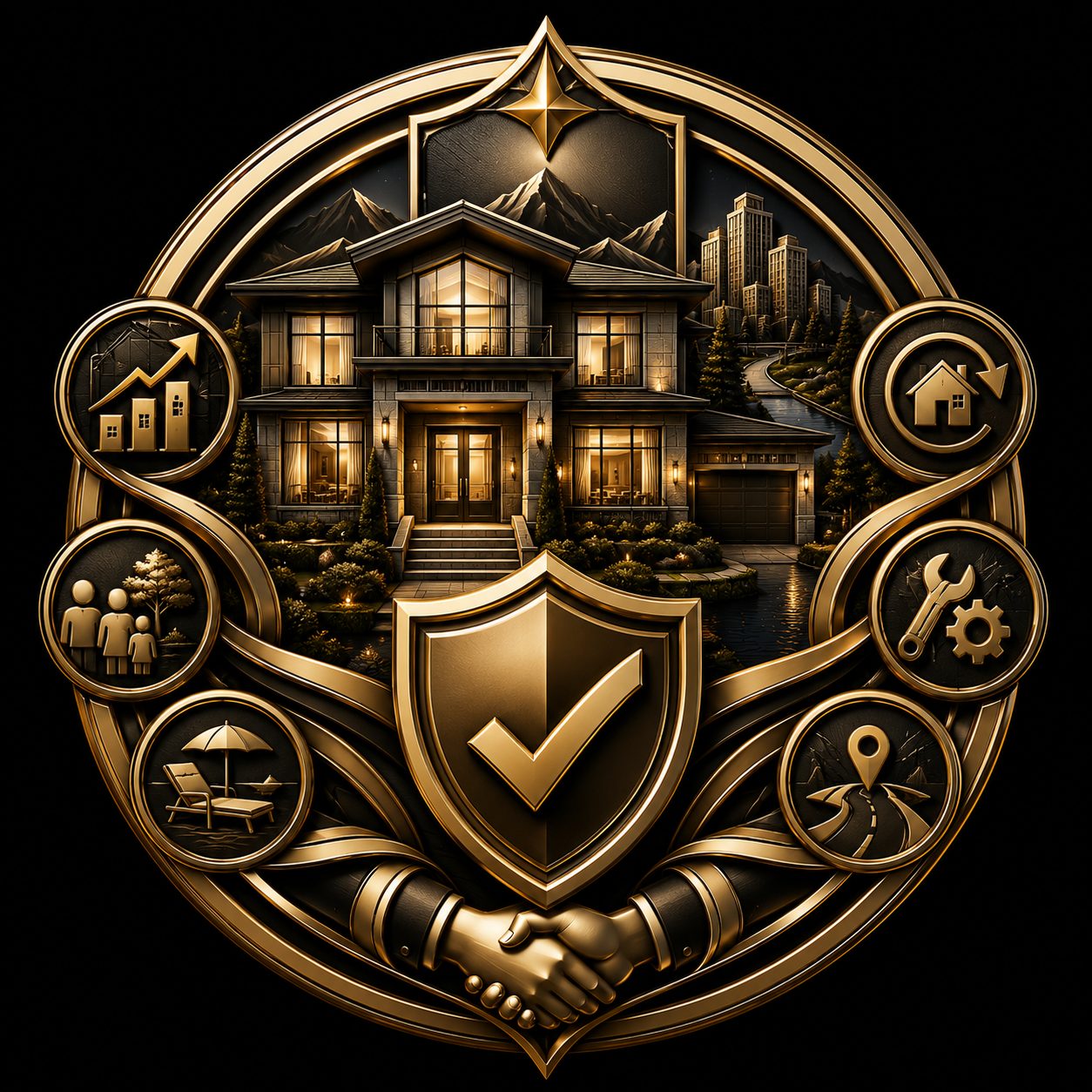 Long-term confidence icon with East Tennessee luxury home, shield checkmark, growth, family, setting, amenities, and location symbols