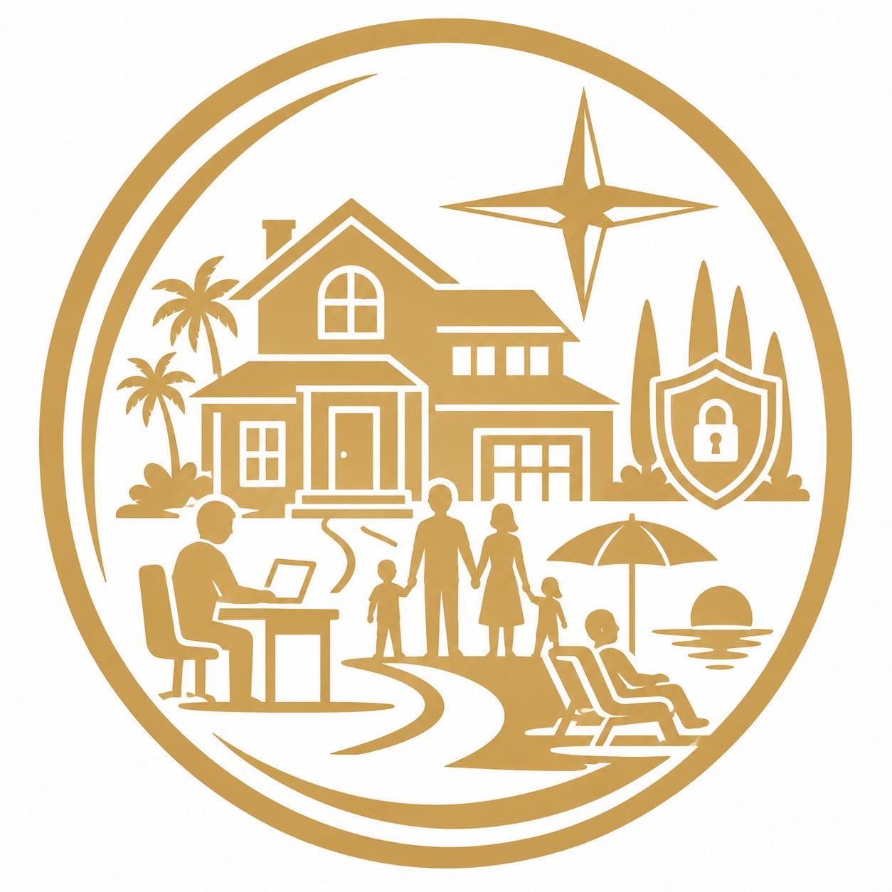 Lifestyle-driven luxury buyer motivation icon with home, family, privacy, work, and leisure elements