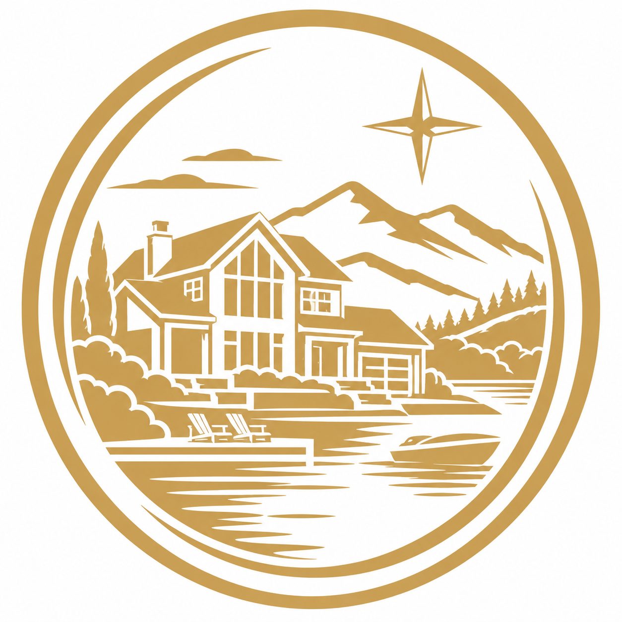 Lakefront and mountain lifestyle icon with East Tennessee luxury home, dock, boat, and mountain view