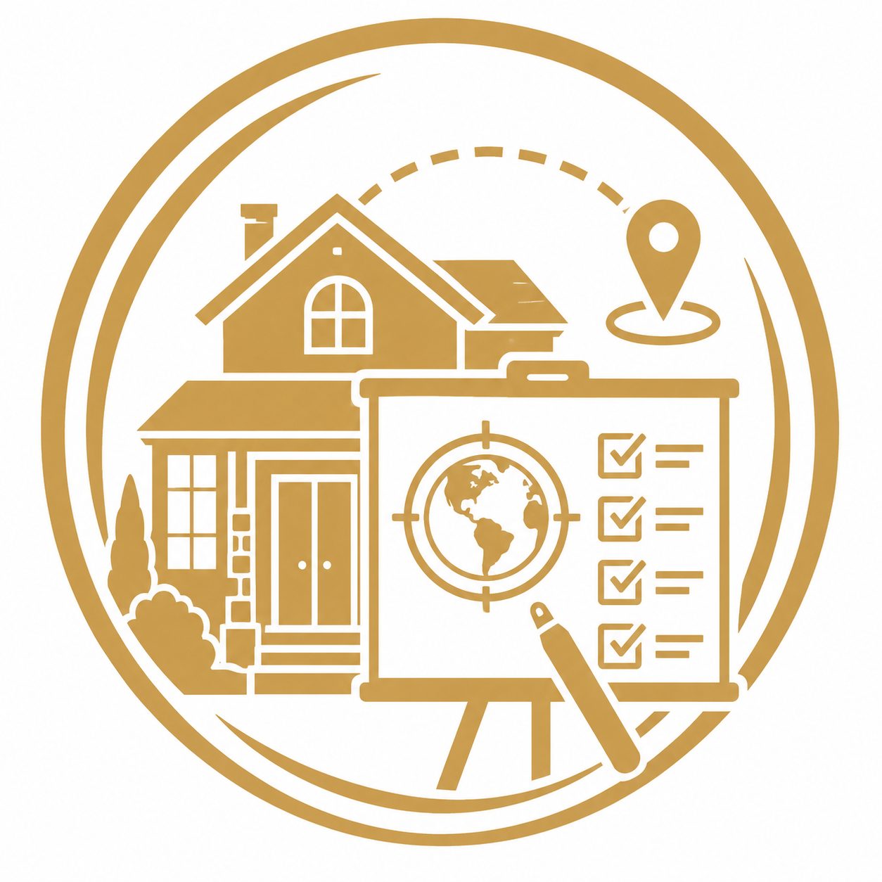 Listing strategy icon with luxury home, checklist, presentation board, globe, and location pin