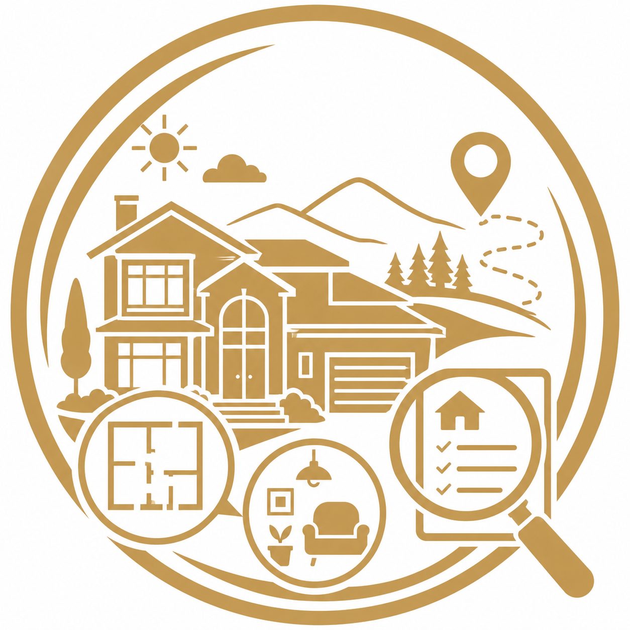Property presentation icon with luxury home, floor plan, checklist, magnifier, and location route