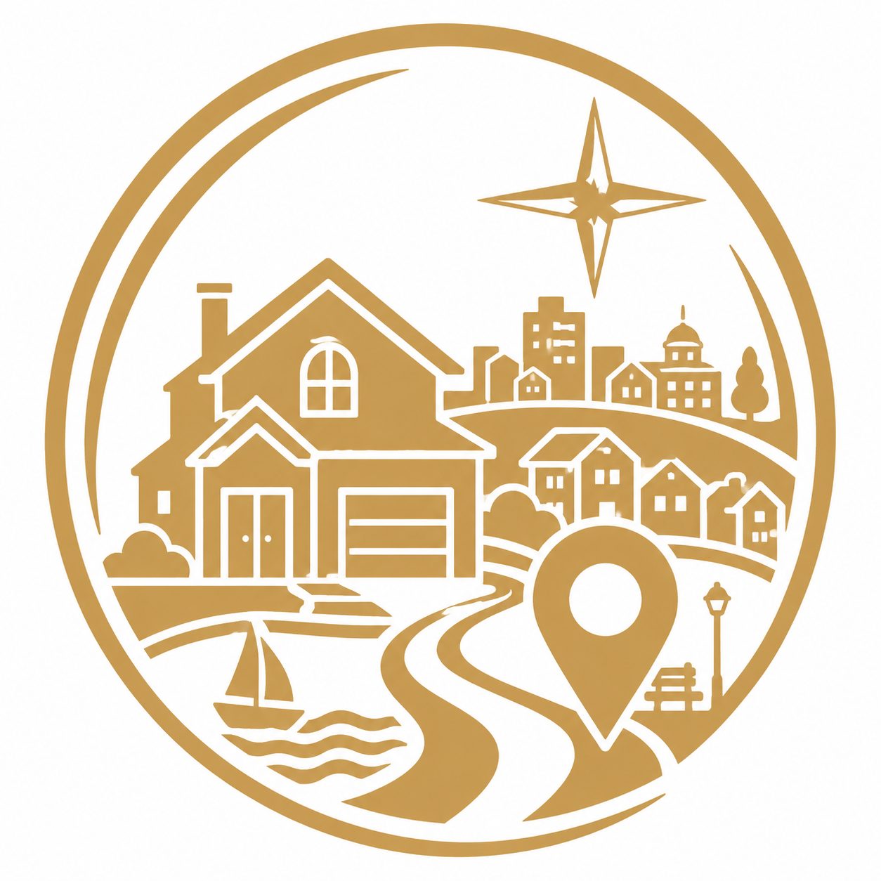 Community and regional appeal icon with East Tennessee luxury home, roads, water, neighborhood, and location marker