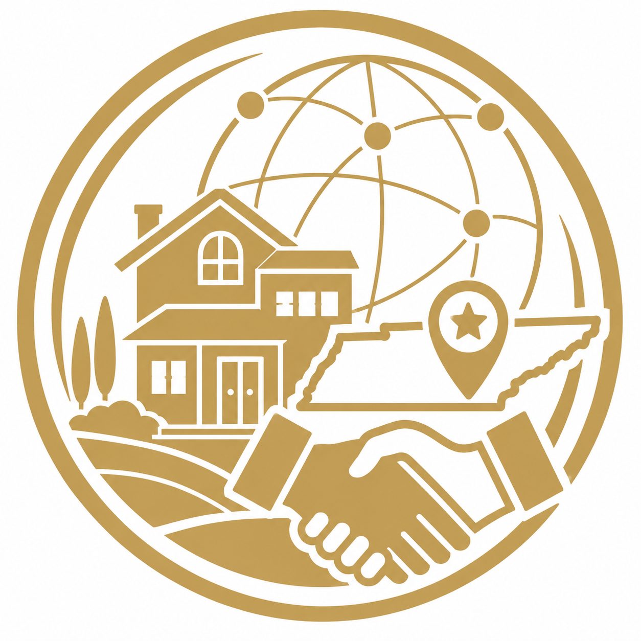 Broader professional connections icon with luxury home, Tennessee marker, handshake, and global network lines