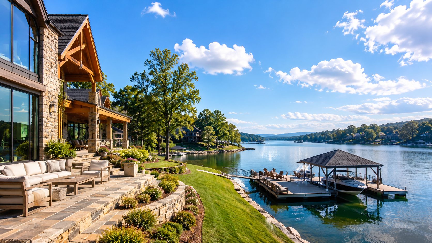 Tellico Lake luxury waterfront home with dock, boat, outdoor living, and lake views