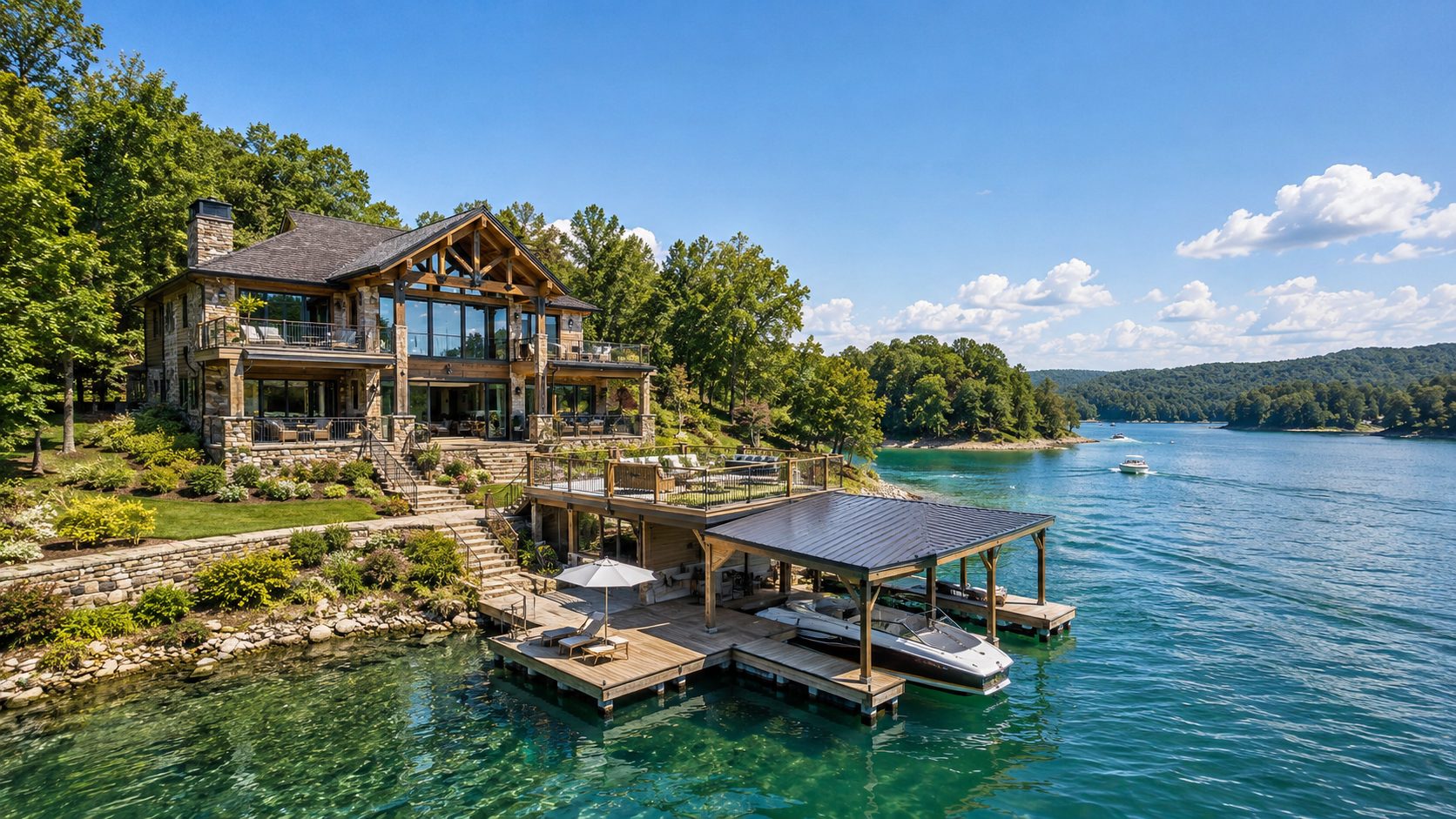 Norris Lake waterfront luxury home with dock, covered boat slip, and recreation setting