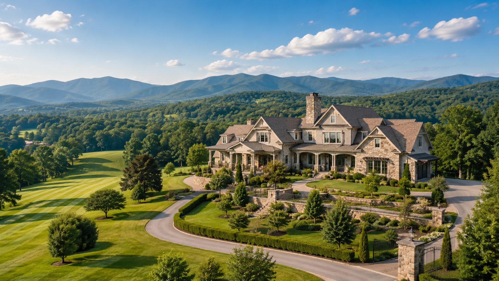 Maryville and Blount County luxury estate with acreage, gated entry, manicured grounds, and mountain views