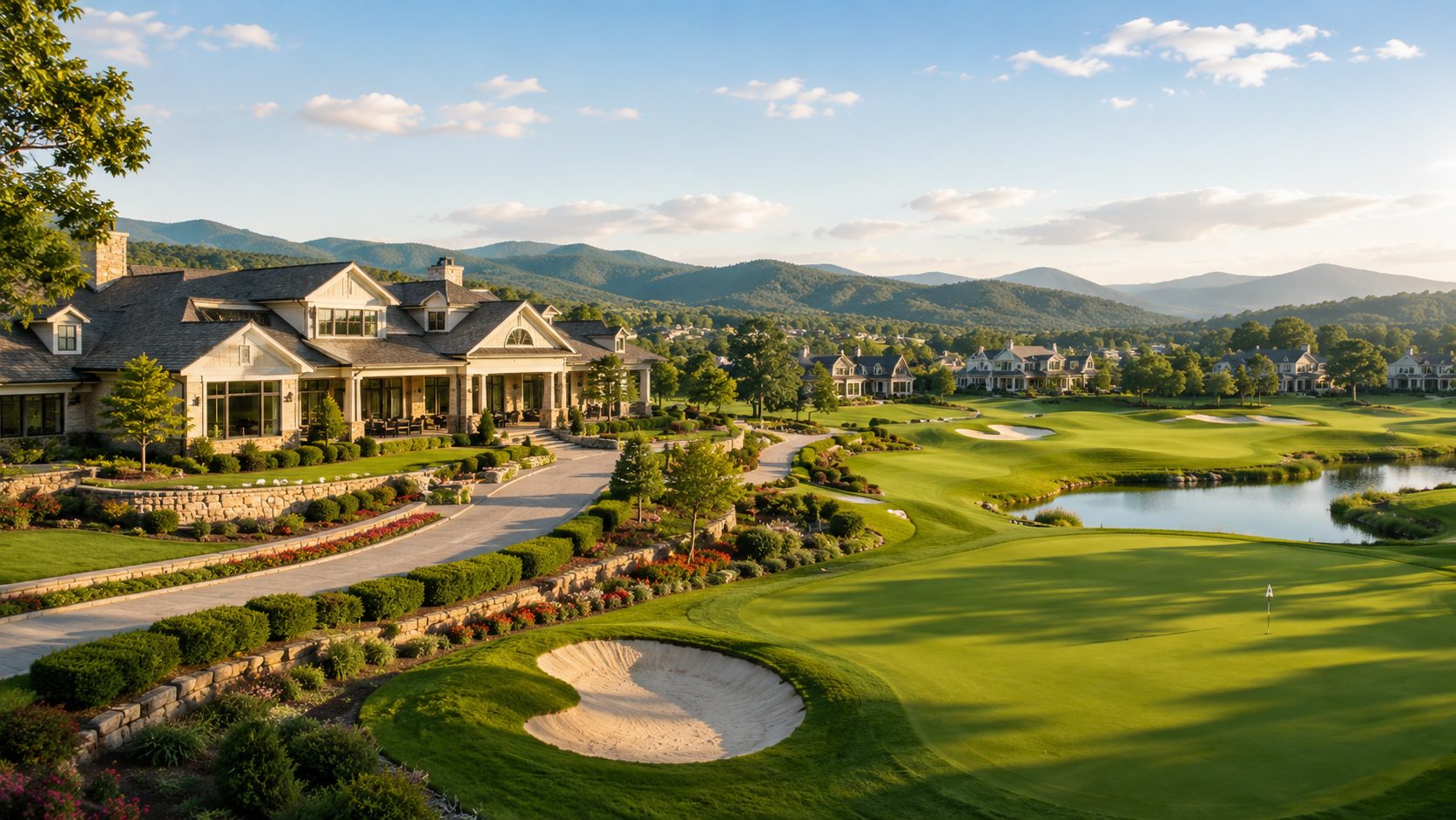 East Tennessee luxury golf community with homes, fairways, pond, bunkers, and mountain views