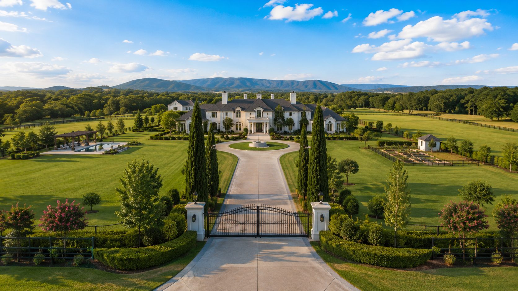 Private East Tennessee luxury estate with gated entrance, acreage, long driveway, manicured grounds, and mountain views