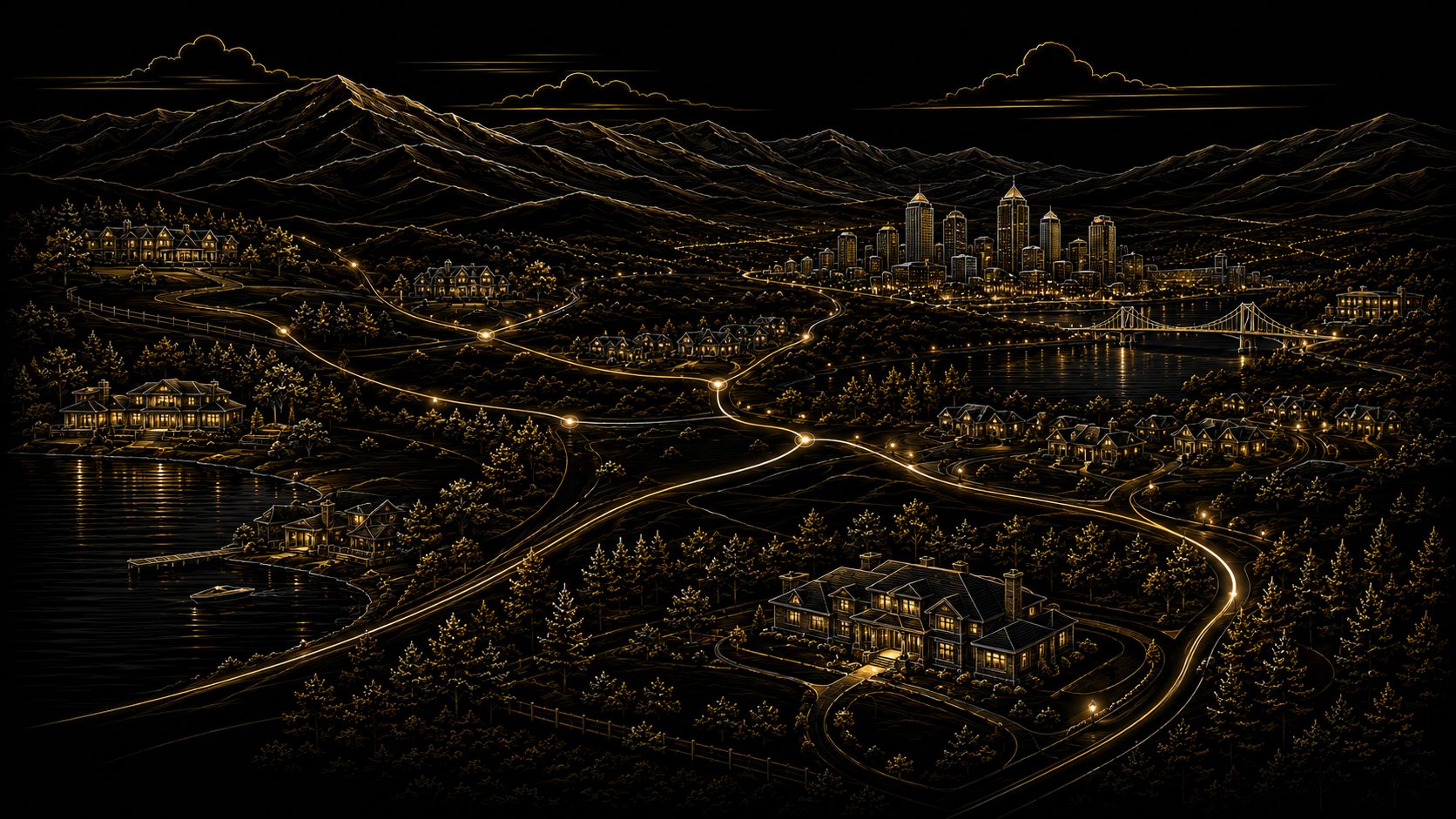 Graphical East Tennessee luxury real estate community map with lakefront homes, mountains, downtown, golf communities, and connected neighborhoods