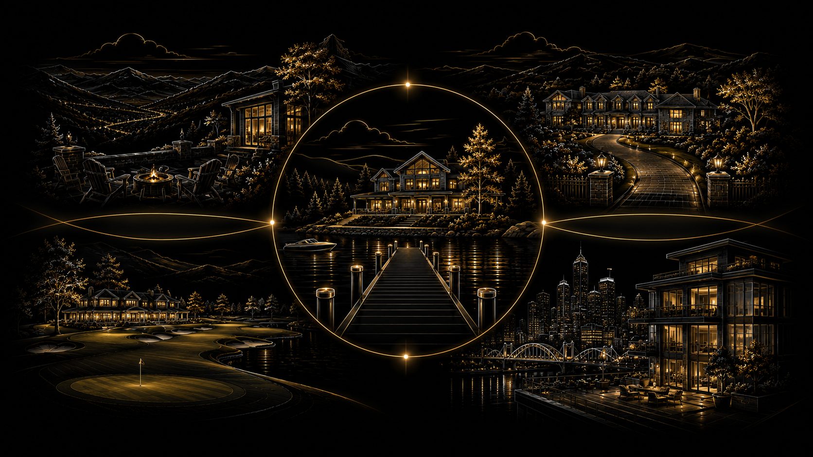 Graphical East Tennessee luxury property types including lakefront estate, mountain retreat, acreage home, golf residence, and downtown luxury property