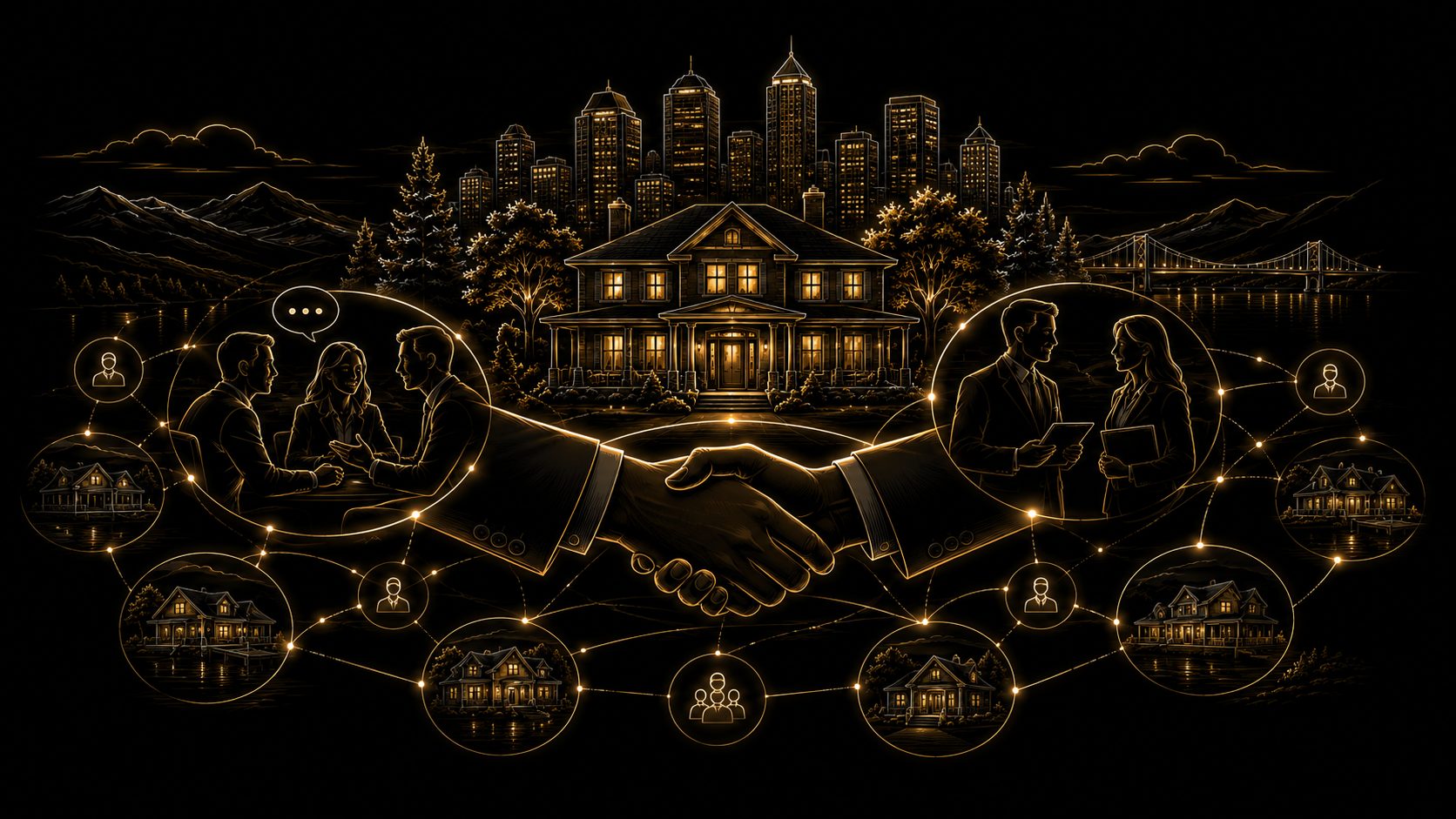 Graphical luxury real estate professional relationships with handshake, agents, luxury homes, city skyline, and connected market network