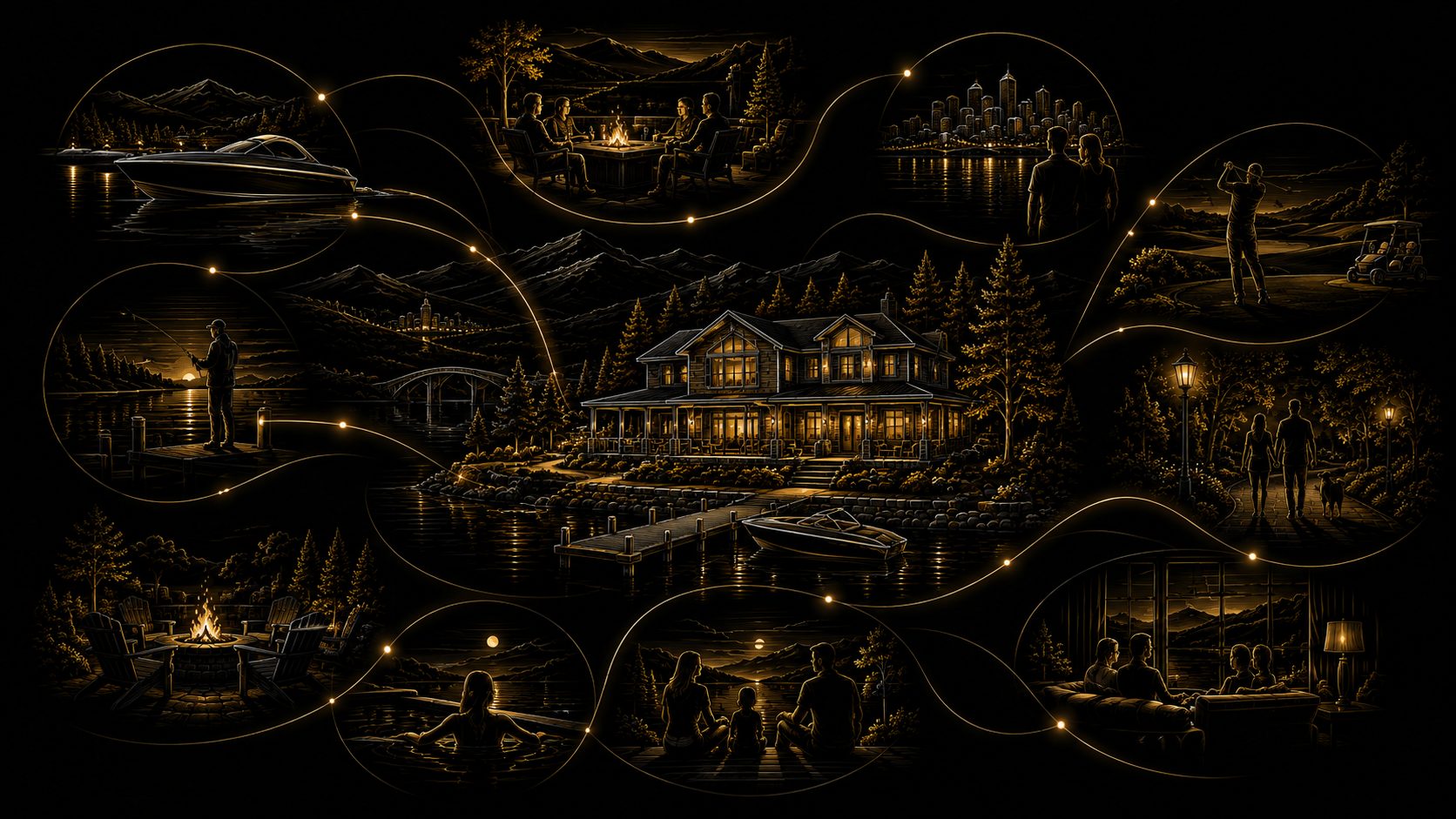 Graphical East Tennessee luxury lifestyle storytelling with lakefront home, water access, mountain views, outdoor living, recreation, privacy, and convenience