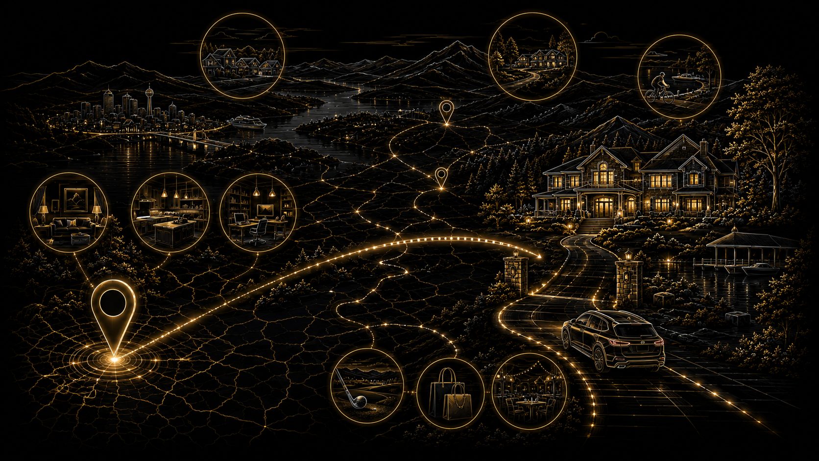 Graphical East Tennessee luxury relocation context with community comparison, property expectations, lifestyle markers, travel routes, and home decision points
