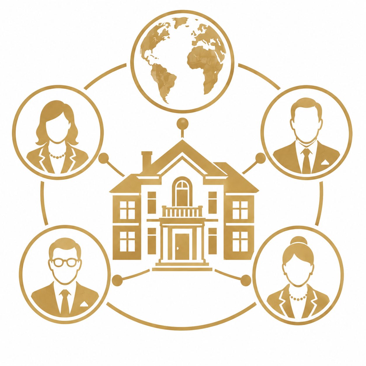 Luxury real estate network relationships icon with home and professional connection nodes