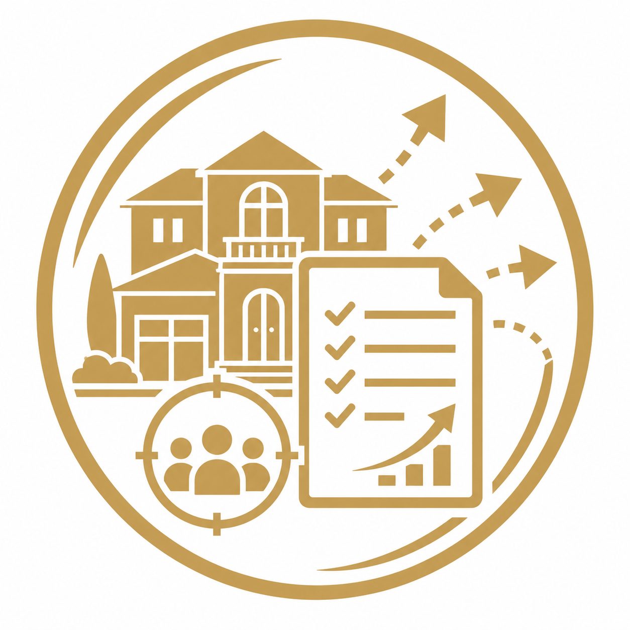 Luxury listing strategy support icon with home, checklist, buyer targeting, and market exposure arrows