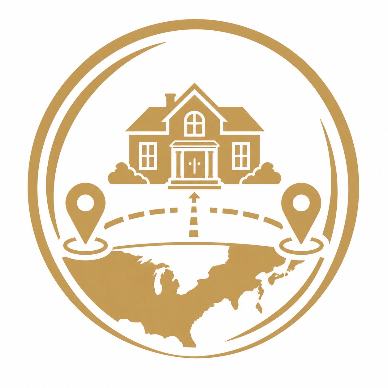 Buyer guidance across markets icon with luxury home, map, location pins, and relocation paths