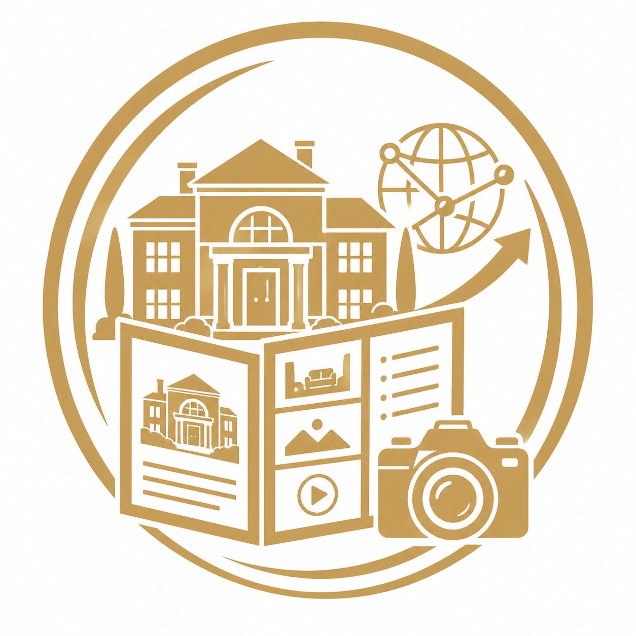 Luxury real estate marketing resources icon with property brochure, camera, megaphone, and exposure planning