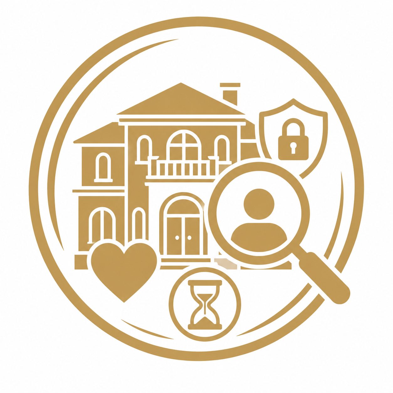 Consumer insight icon with buyer profile, magnifying glass, luxury home, lifestyle, privacy, and value symbols