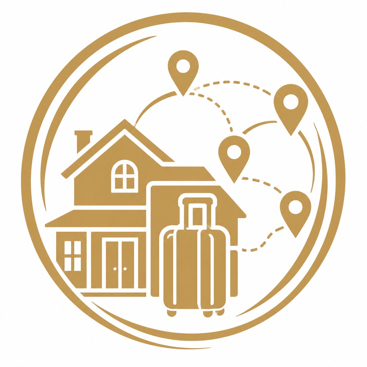 Luxury real estate relocation awareness icon with home, suitcase, location pins, and market-to-market paths