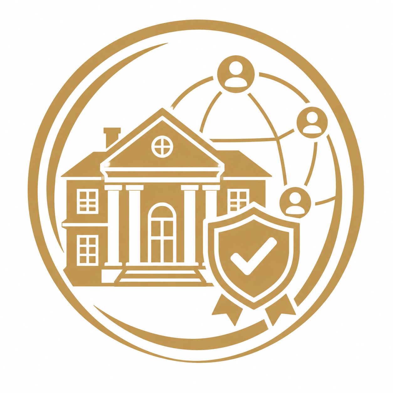 Professional credibility icon with luxury home, shield checkmark, and trusted real estate network connections