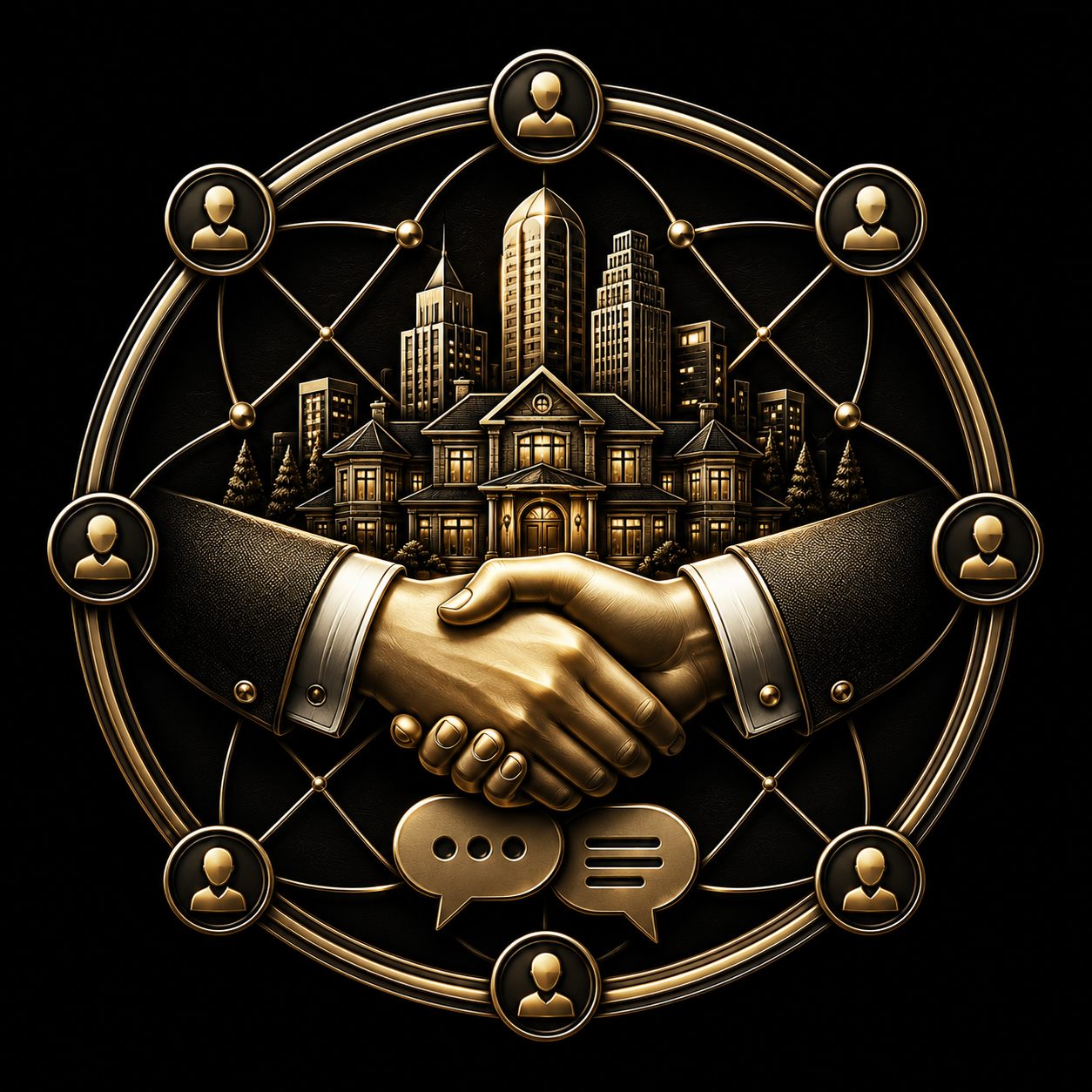 Professional agent conversations icon with handshake and luxury real estate relationship symbol