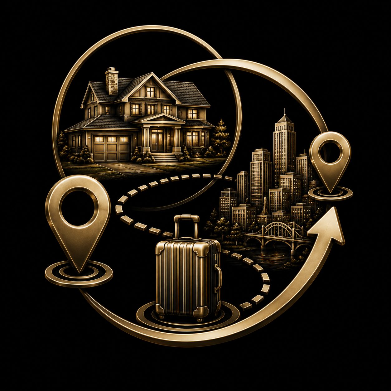 Relocation awareness icon with home, movement arrows, and buyer conversation symbols