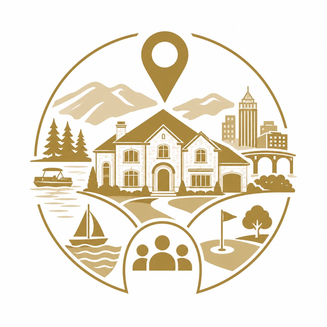 Community fit icon with East Tennessee luxury home, lake, mountains, city, golf, and buyer lifestyle elements