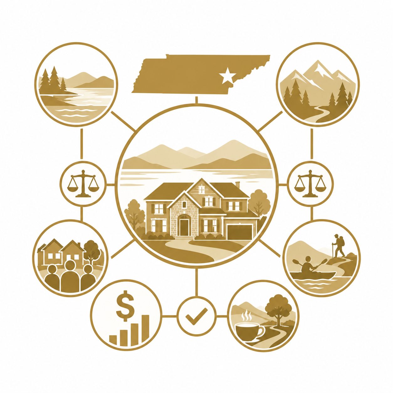 Property type guidance icon with East Tennessee luxury home, lakefront, mountain, acreage, golf, and lifestyle symbols