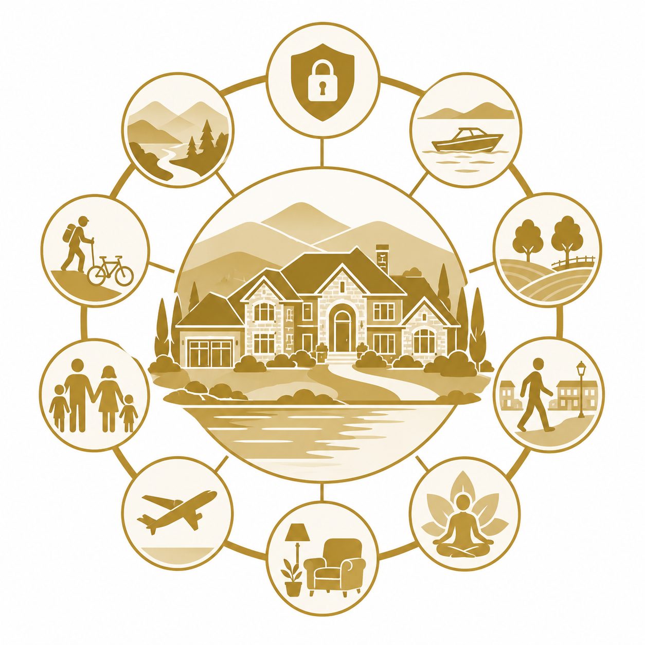 Lifestyle priorities icon with luxury home, privacy, boating, acreage, walkability, travel, family, wellness, and recreation symbols