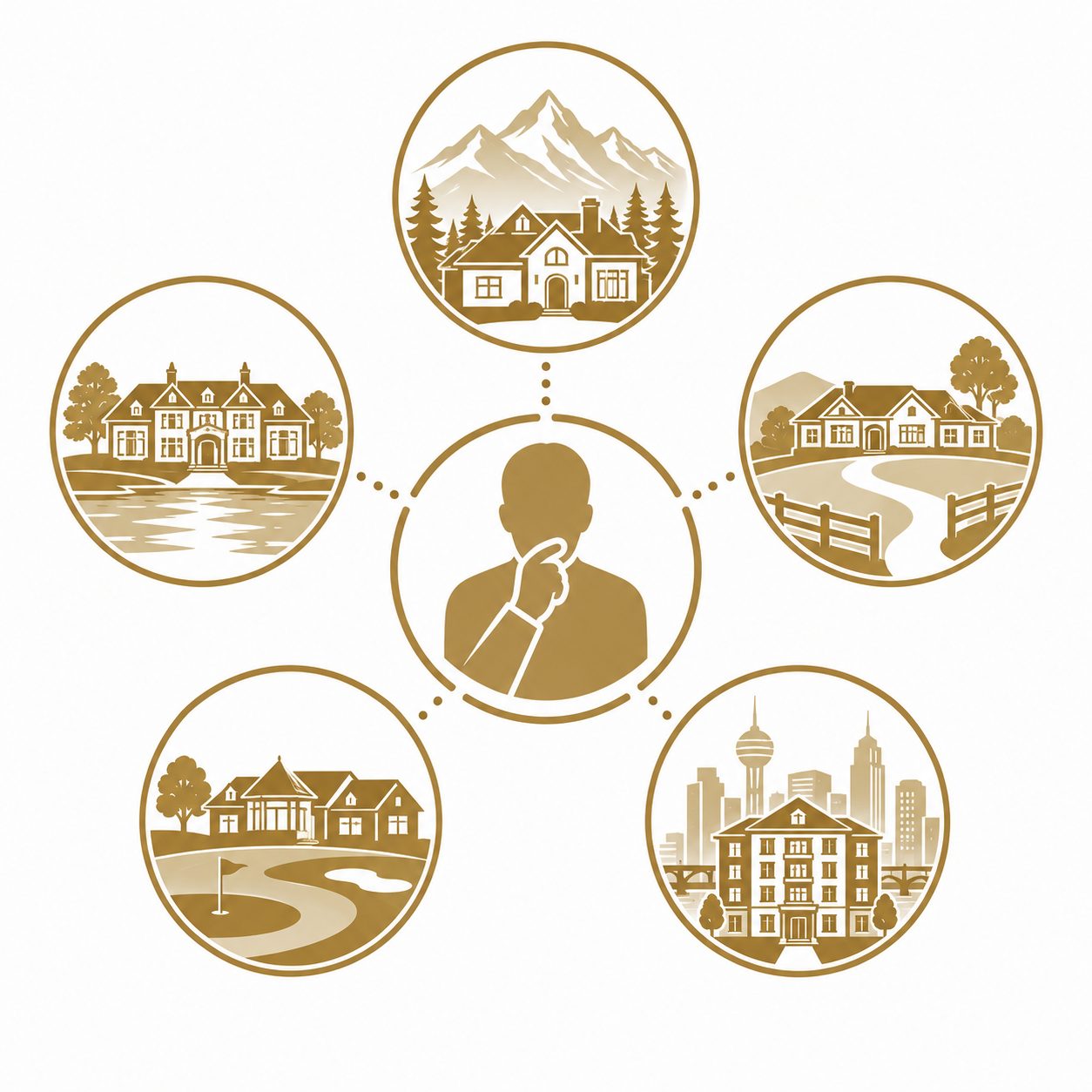 Local market expectations icon with East Tennessee luxury home, skyline, price tag, growth chart, and buyer targeting
