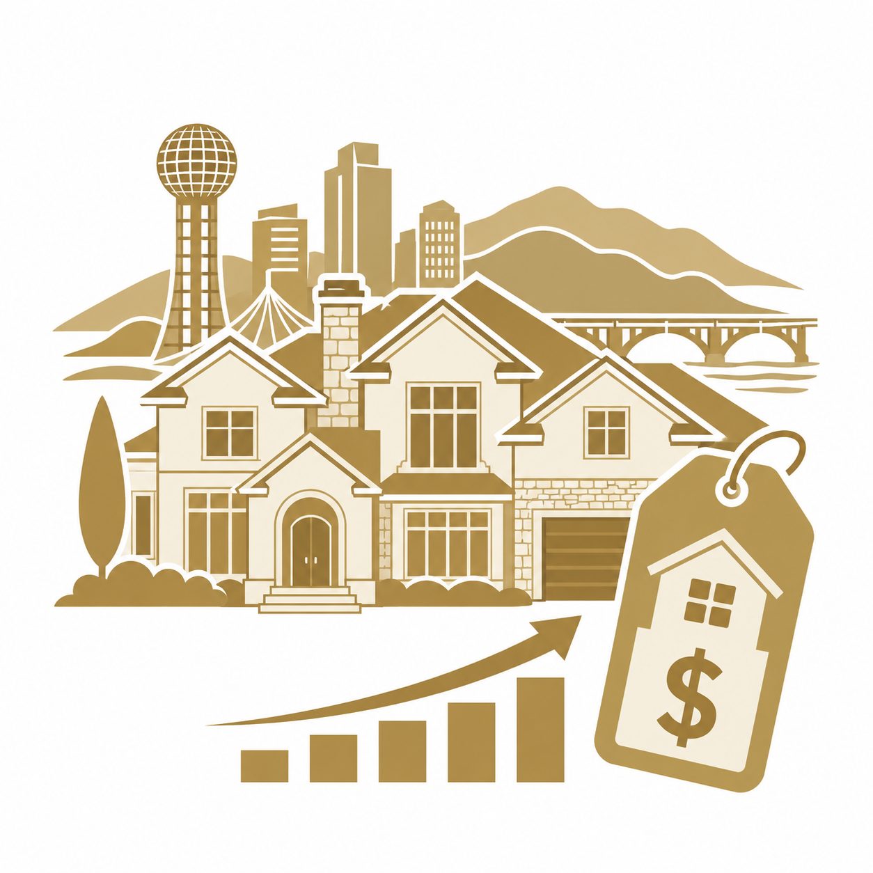 Timing and transition icon with luxury home, calendar, clock, suitcase, key, road, and relocation path