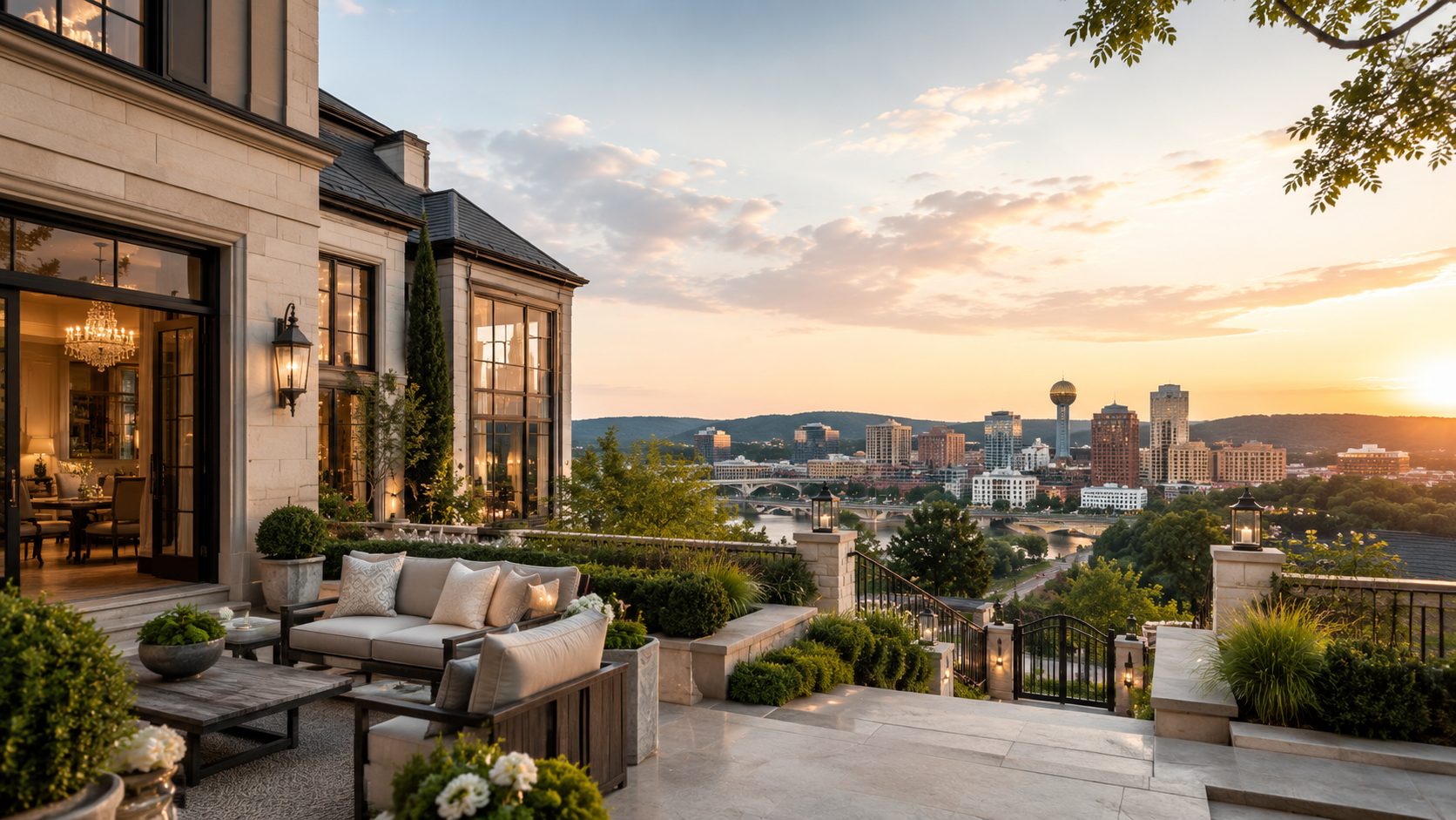 Knoxville luxury home terrace overlooking downtown skyline, riverfront, and city access